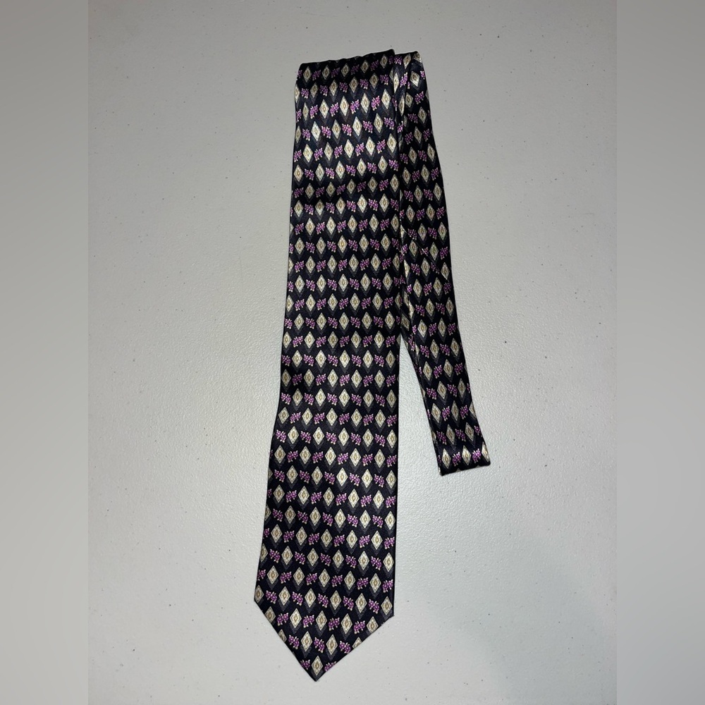 Barcelino‎ Tie Silk Floral & Diamonds Black Purple Gold Handmade Italy EUC 63”L